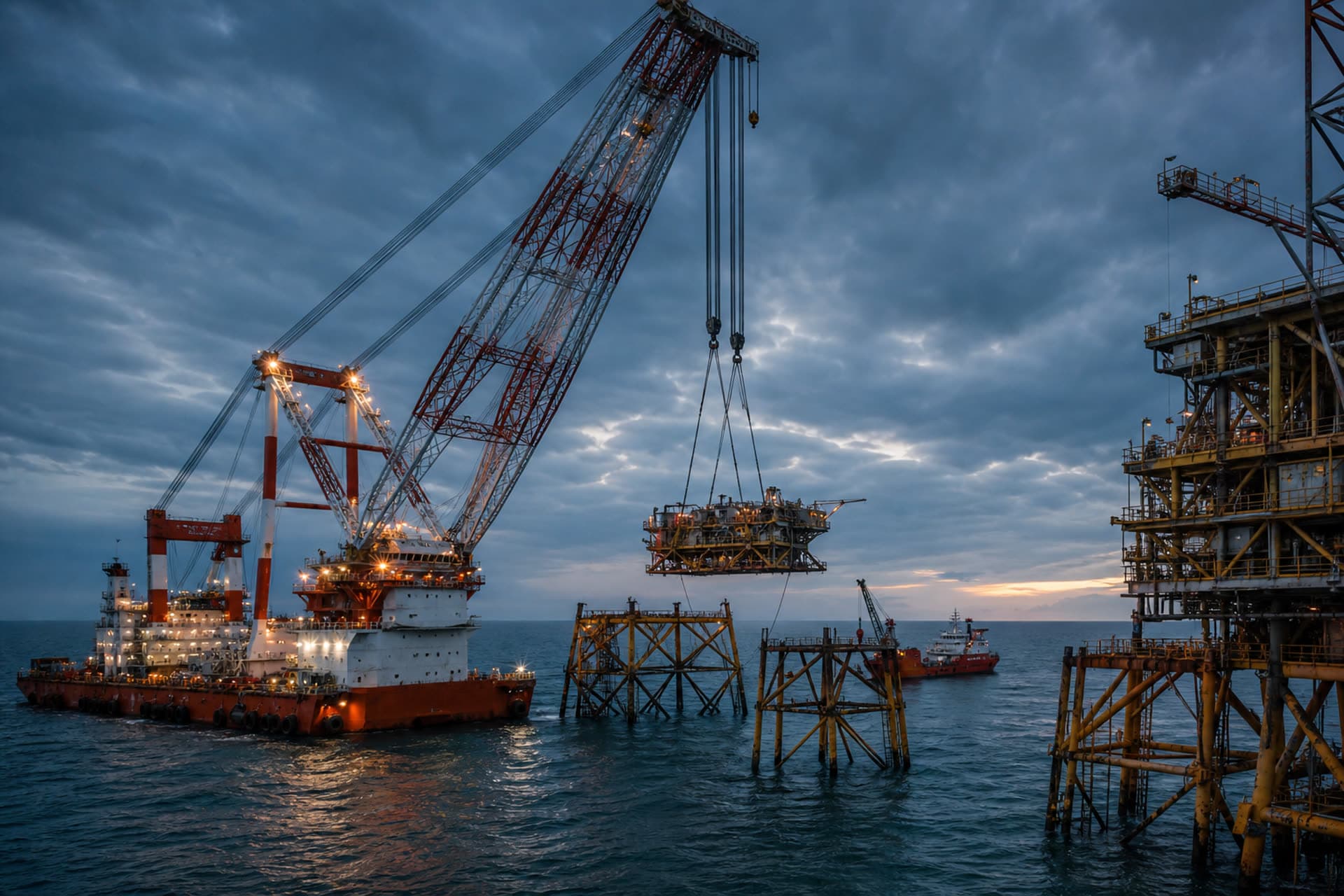 Navio de içamento em operação de descomissionamento offshore.