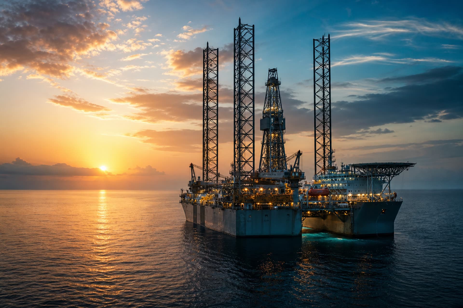 Sonda de exploração offshore ao nascer do sol.