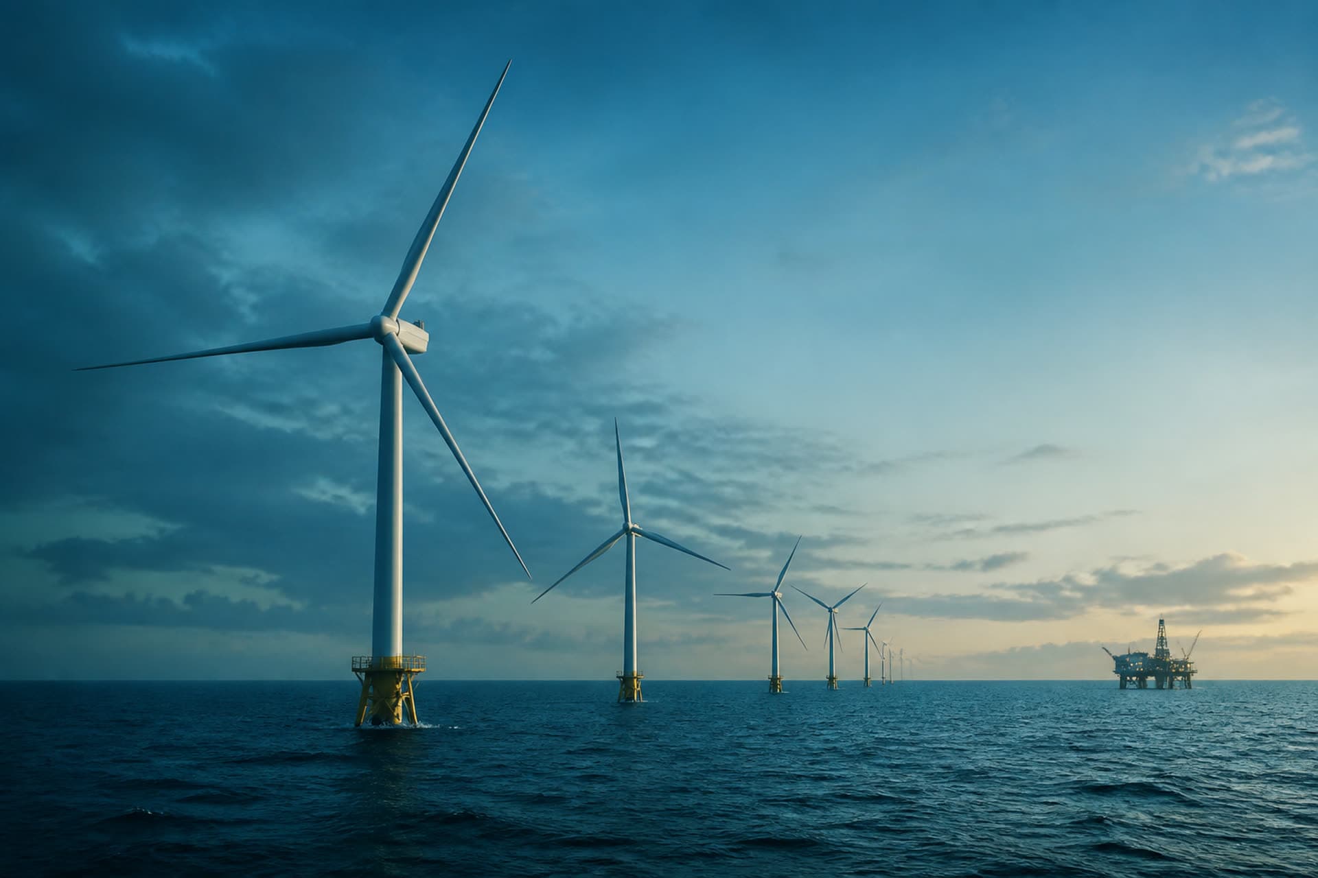 Parque eólico offshore com plataforma ao fundo, transição energética.