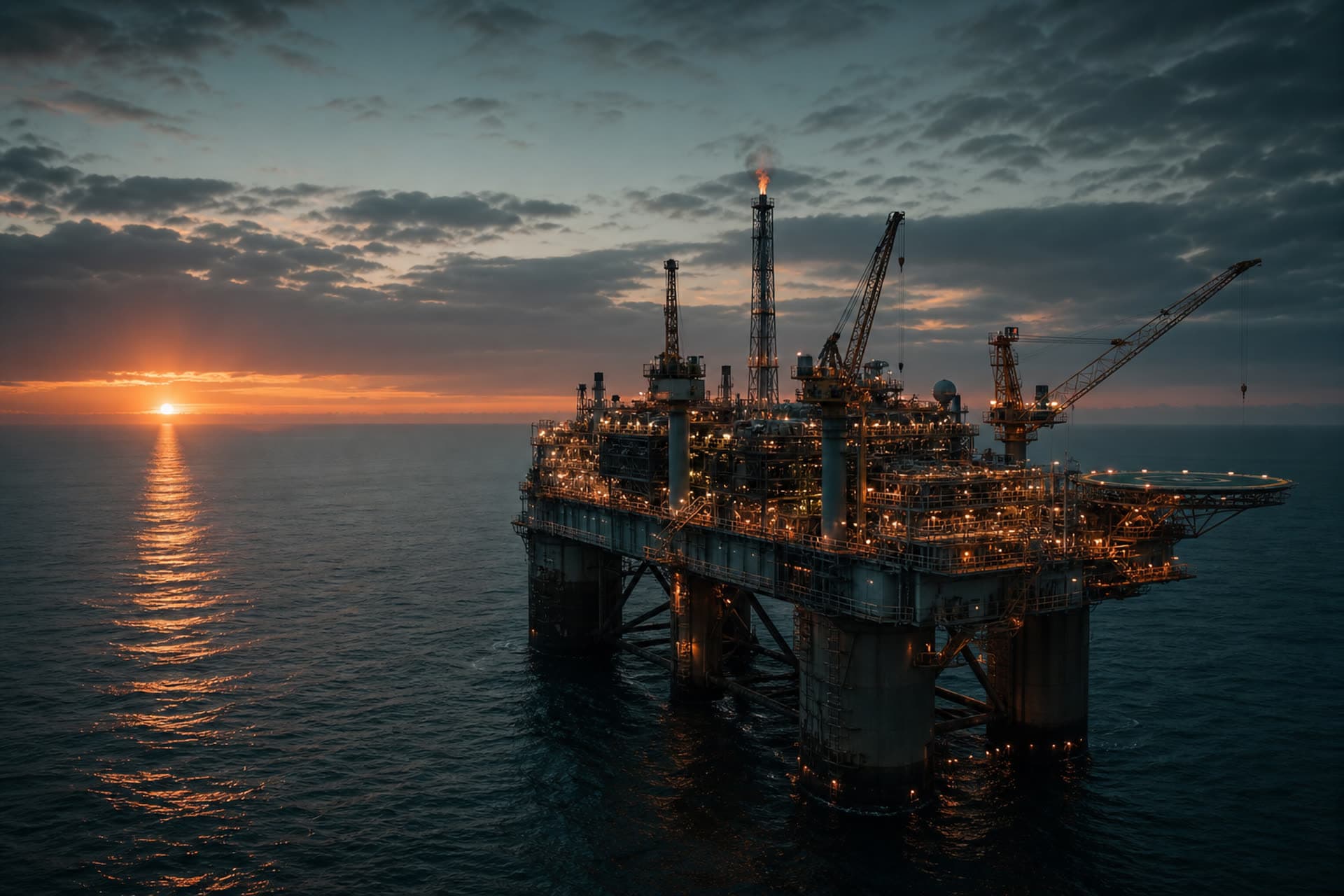 Plataforma de produção offshore no Atlântico, ao entardecer.